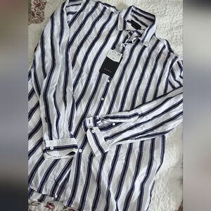 Zara White Shirt with Navy Vertical Stripes